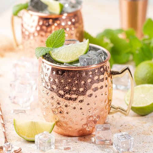 kjcbkcb Moscow Mule Copper Mugs, 16 oz Moscow Mule Mugs Set of 2 Hammered Copper Cups with Gold Brass Handles Large Capacity Cups Handcrafted Copper Mugs for Cold Drinks Beer Cocktails Wine Bars