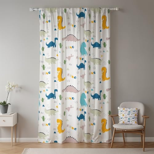 ggaimwf Dinosaurier-Vorhänge für Kinderzimmer Grün Dino-Eier Süßer Cartoon Jura-Wildtiere Fenstervorhänge Vorhänge mit Schlaufe Kinderzimmer Hängender Raumteiler Innenvorhang 135x229cm 1 Panel