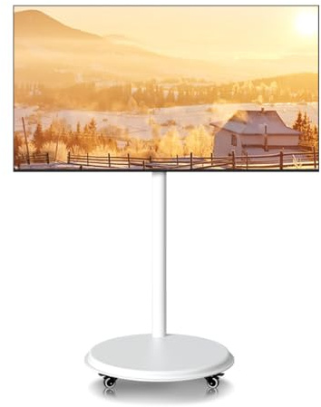 HILLPORT Design TV Ständer Weiß auf Rollen für 24-43 Zoll Plasma/LCD/LED Fernseher Mobiler Bodenständer, 360-Grad Drehbar, Fernsehständer Höhenverstellbar, max.30kg, für Wohnung Büro Heim