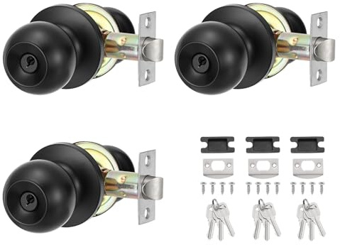 PATIKIL Key Entry Door Knobs Interior, 3 Pack Round Stainless Steel Bedroom Bathroom Door Knob with Lock Entry Indoor Outdoor Door, Black