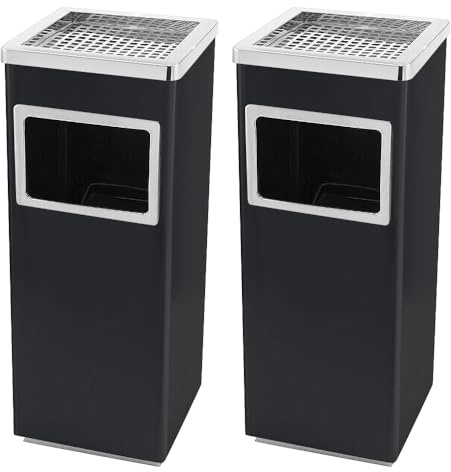HUOLE Pattumiera in acciaio inox cestino pattumiera a pedale contenitore rifiuti 30L rotondo, Pattumiera in Acciaio Inox con Portacenere per Esterni, Posacenere da Pavimento (2, Nero -35 L)