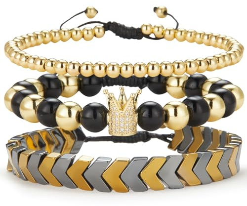 Dazylleco 3 Stück Perlenarmband für Herren Naturstein Armband Schwarz Edelstahl Leather Armkette Armband Verstellbare Schmuck Set Herren Geschenk Vatertag für Männer(24009)