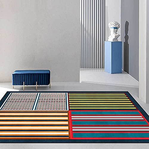 SJHDHDA Neuer waschbarer Wohnzimmerteppich, rutschfeste Akzentteppiche, Schlafzimmer-Esszimmer-Flurteppich, weicher Kurzflorteppich, Moderne Streifennähte, Blau, Rot und Gelb, 120 x 170 cm Learned