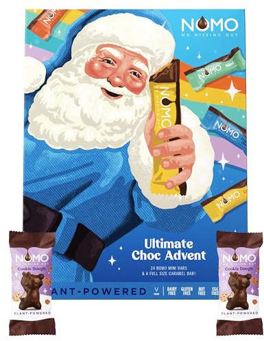 NOMO Vegan Chocolate Advent Calendar Mini Bars and Cookie Dough Reindeers 25 Days Christmas Countdown - Dairy Free - Gluten Free - Egg Free - Nuts Free - Plant-Powered - No Palm Oil