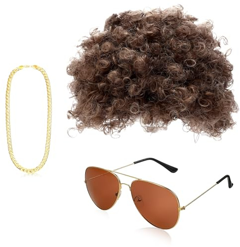 YUNHENTONG Perücke 70er 80er Männer 3 Stück Mit Goldkette Sonnenbrille Hippie Perücke Karneval Perücke Afro Perücke für Karnevalsparty 70er Jahre Outfit Herren Hippie Kostüm Accessoires