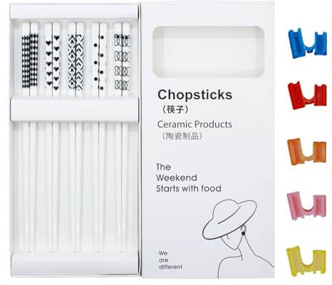 Eastyupin 5 Paar Keramik EssstäBchen Wiederverwendbar,SpüLmaschinenfest Rutschfeste Japanische Sushi StäBchen,Chopsticks，EssstäBchen-Helfer× 5, Geeignet FüR AnfäNger