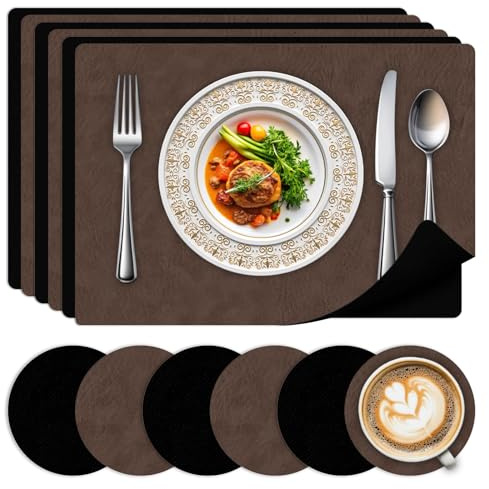 Tischsets 6er Set und Untersetzern–Hitzebeständige Platzsets Abwaschbar, beidseitiges Leder Design rutschfest Platzdeckchen für Küche, Haus, Restaurant,Dark Brown+Black