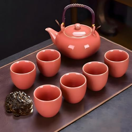 ICHAG Japanese Tea Set, Tea Sets for Adults, Porcelain Teapot Set with Tea Pet, Traditional Japanese Tea Pot, Teapots and Cups Set, Chinese Teapot for Outdoor Camping, Home, Gifting, Office (Pink)