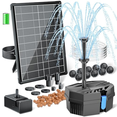 POPOSOAP Fontaine solaire avec filtre de bassin - Fontaine solaire 8 W et batterie de secours de 3000 mAh - 8 modes de pulvérisation et tuyau de 1,5 m - Pour petits étangs extérieurs, bains d'oiseaux