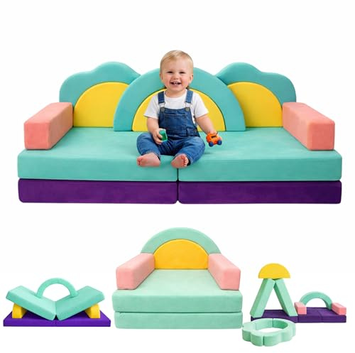Klein Brn 11-teiliges modulares Kindersofa aus Samt für Kinder - Spielsofa I Bodensofa & Schlafsessel ab 1 Jahr (Regenbogen)