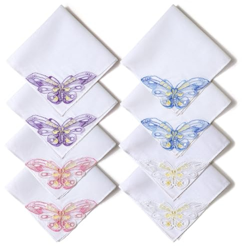 Selected Hanky Women's Cotton Handkerchiefs with Butterfly Lace at Corner, Ladies Hankies 8 Pcs, Handkerchiefs of Textiles