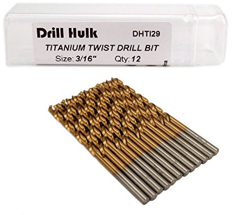 Pack of 12, 3/16-Inch Titanium Nitride Coated Drill Bit, Premium M2 High Speed Steel, Jobber Length, for Metal, Plastic, Wood