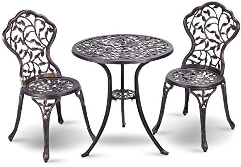 COSTWAY Salon de Jardin 3Pcs en Fonte Aluminium, Ensemble 2 Chaises et 1 Table Ronde Style Rétro avec Motif Feuille pour Balcon, Terasse, Jardin (Brun)