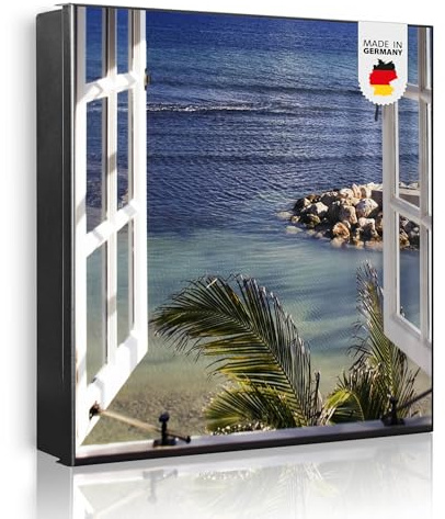 banjado Großer Schlüsselkasten Metall - Schlüsselbox 30x30cm beschreibbarer mit 32 Haken - Schlüsselkasten modern für Schlüsselaufbewahrung - Korpus Schwarz Scharnier Links - Motiv Fensterpanorama