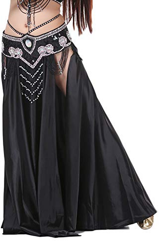 DAIHAN Jupes De Danse du Ventre en Satin De Soie pour Femme Couleur Unie Ballroom Jupe Longue sans Ceinture Noir Taille Unique