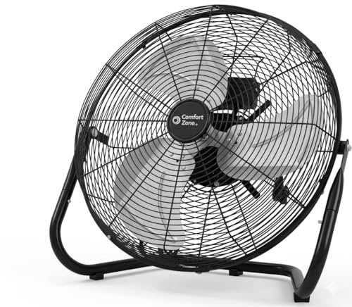 Comfort Zone 18-Inch High-Velocity Industrial Floor Fan, Heavy-Duty 3-Speed Metal Shop Fan with 180° Adjustable Tilt & Carry Handle, Quiet Vibration-Free Cooling for Garage, Workshop, & Home