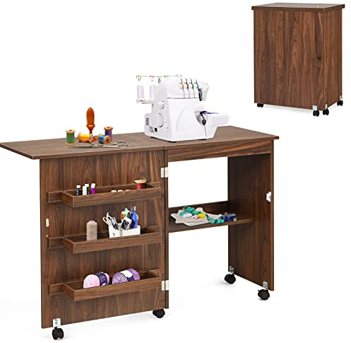 RELAX4LIFE Mobiletto per Macchina da Cucire Pieghevole su Ruote Bloccabili, Tavolo da Cucito in Legno con Ripiani Portaoggetti, Tavolino Cucito Multiuso da Studio e Salotto, 117,5x 40x 77cm (Marrone)