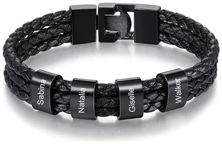 Personalisierte Armband mit 2~5 Name Perlen Herren Lederarmband Personalisiert Männer Braid Armband mit Namen Graviert Edelstahl Geschenk für Männer Vatertag