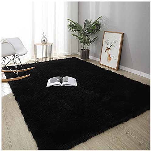 DAIHAN Hochflor Shaggy Teppich Pflegeleicht Flauschiger Moderner Anti-Rutsch Unterseite Hochflor Langflor Teppiche Wohnzimmer Schlafzimmer Kinderzimmer Bettvorleger für Stuhl Sofa,Schwarz,60x160CM
