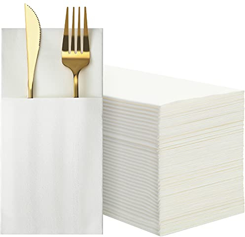 Linen Feel Pocket Napkins, Disposable Airlaid Paper Napkins Prefolded Dinner Napkins with Built-In Flatware Pocket for Silverware Wedding Party Thanksgiving Christmas Day (White, 300 Pcs)