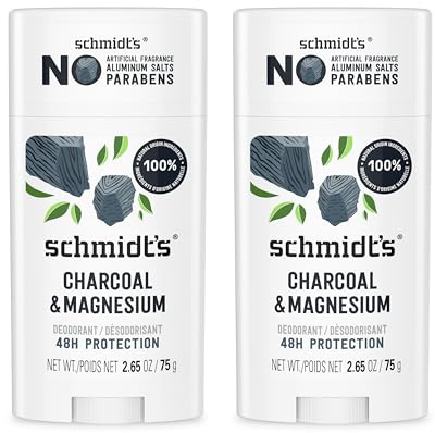 Schmidt's Aluminum-Free Vegan Deodorant Charcoal & Magnesium with 48 Hour Odor Protection, 2 Count for Women and Men, Natural Ingredients, Cruelty-Free, 2.65 oz, Pack of 2