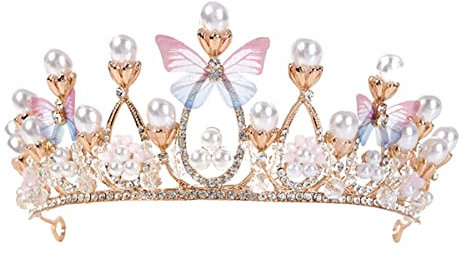 Dingzing Diademe für Mädchen, Kristall Tiara Perle Prinzessin, Schmetterling Tiara Krone, Kristallkrone mit Strass, Krone für Hochzeit,Diademe für Mädchen Kristall, Prinzessinnen-Diadem für Hochzeit