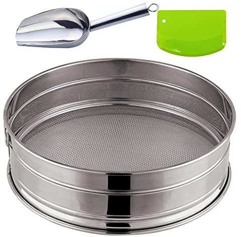 Round Stainless Steel Flour Sieve, Polished Fine Mesh Sifters Strainer Powdered Filter Mesh Home Shake Sieve with Brush, Dough Scraper, Spoon for Chefs, 30cm,60 Mesh