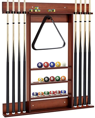 GOPLUS Support pour Queues de Billard en Bois de Pin, Porte-queue de Billard à 8 Queues, Convient pour 15 Boules de Billard, 1 Porte-boules, Support Mural, pour Clubs, Salles de Billard (Brun)