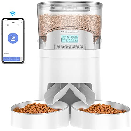 HoneyGuaridan Automatic Cat Feeders 2 Cats 4.5L, 2.4G WiFi Smart Pet Feeder with APP Control for Cats and Dogs Dry Food Dispenser with 2 Stainless Steel Bowl, Desiccant Bag, 10s Voice Recorder