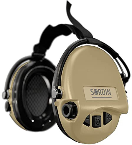 Sordin MIL AUX 76308-05-S - Orejeras militares activas y electrónicas con banda para el cuello, color marrón
