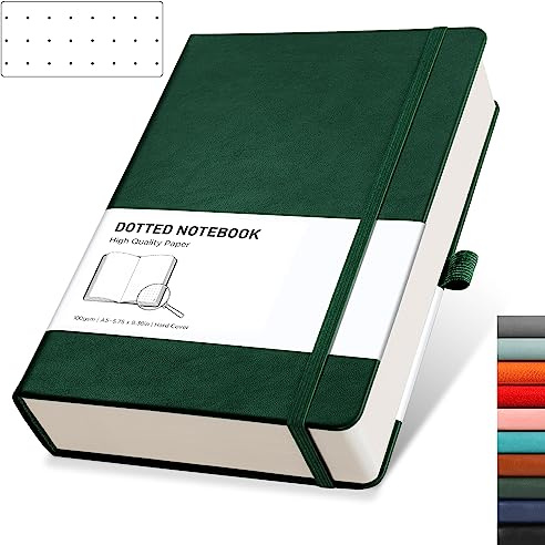 RETTACY A5 Dotted Notebook, Leather Hardcover Journal, 320 Pages, DarkGreen | Notepad for Men Women, 100 GSM Thick Bullet Paper, for School Sketch Planning - 14.5 × 21 cm
