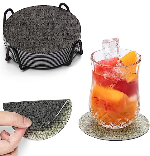 Chitomars Untersetzer Gläser 12er Set, doppelseitige Leder Glasuntersetzer | Rutschfest abwaschbare Getränkeuntersetzer Kunstleder Glas Untersetzer-Set mit Halter (Grau Grün, Rund)