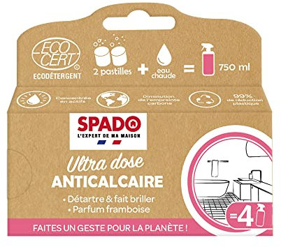 SPADO - Anti Calcaire - Nettoie, détartre & fait briller - Ultra dose - Ecocert - Parfum framboise - 8 pastilles équivalent 4x750ml - Fabrication Française