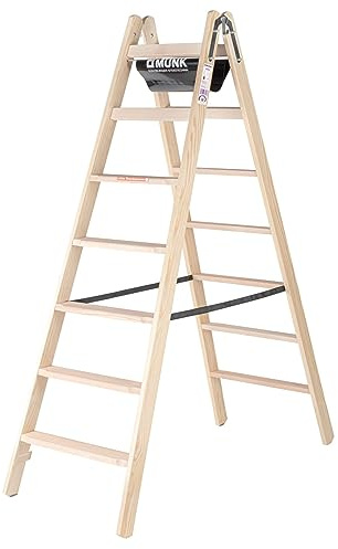 PROREGAL Stufen-Stehleiter Holz | beidseitig begehbar | 2x7 Stufen | Leiter, Teleskopleiter, Trittleiter, Bockleiter, Sprossen-Doppelleiter