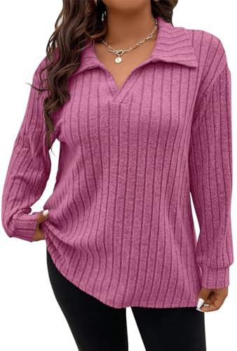 Gemulate Long Jumpers for Women UK Plus Size Women's Long Sleeve Oversized Tops Casual V Neck Jumpers Plain Sweatshirts Pink 3XL