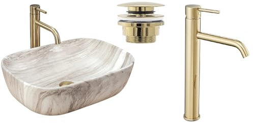 GTM Design Aufzatzwaschbecken mit Armatur - Waschbecken mit Hahn - Waschbeckenarmatur Gold-Aufzatzwaschbecken Rechteckiges-Waschbecken Beiger Stein Matt-Aufsatzwaschbecken mit Armatur komplett Set