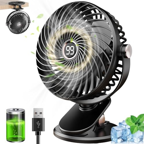 MUXIWOM Mini ventilateur de table à clip USB - Silencieux - 6000 mAh - Batterie - 5 vitesses - Rotation à 720 ° - Pour la maison, le bureau, le camping - Noir