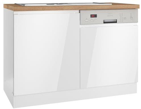 Lomadox Spülenschrank mit Nische für Geschirrspüler, Hochglanz weiß, Arbeitsplatte Eiche | 1 Tür, 1 Blende für Geschirrspüler | auch spiegelverkehrt montierbar | inkl. Spülbecken