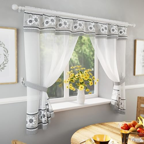 Tyrone Textiles Keswick Black Floral Embroidered Window Set with Two Matching Tie Backs - 98 (249cm) x 48 (122cm)