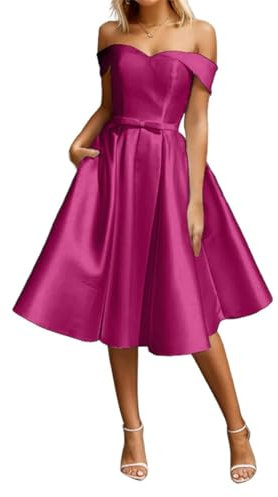 WSEYU Vestido corto de satén con hombros descubiertos para adolescentes, vestido de fiesta de boda con bolsillos, fucsia, 44