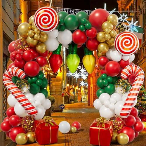 153PCS Christmas Balloon Garland Arch kit with Red Green White Candy Cane Xmas Gift Box Foil Red Cane Balloons for Christmas Party Decorations
