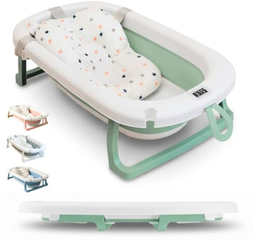 BATHBY | Bañera Plegable Bebé con Cojín + Termómetro + Patas Antideslizantes + Tapón de Seguridad para Bebé Recién Nacido, Diseño Plegable, Fácil de Guardar y Transportar, Verde Pastel