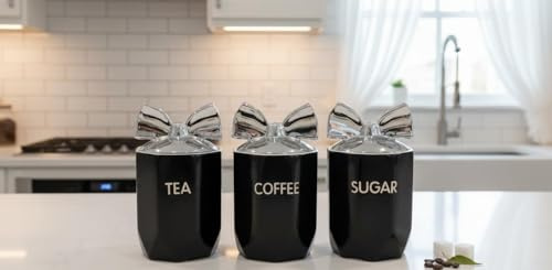 DEENZ Set Of 3 Jars Silver Bow Lid Kitchen Canister Jar For Tea Coffee Sugar Storage Pots Marble Effect Home Decor Dining Table Eye-Catching Glamorous Design (BLACK)