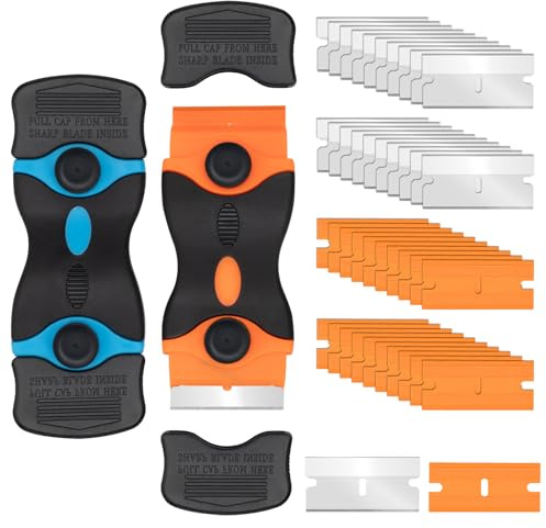 Aisoso Razor Scraper Tool 2 Pack, Razor Blade Scraper Tool with 20pcs Plastic Blades and 20pcs Metal Scraper Blades, Paint Scraper for Glass, Decals, Wallpaper, Stickers