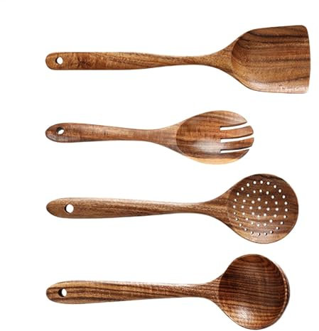 Cucharas de madera natural, cucharas de madera para cocinar, cuchara de sopa grande, juego de utensilios de cocina, juego de espátulas de madera, 4 cucharas de sopa grandes y utensilios de agitación