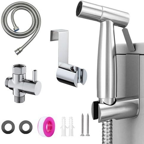 Handheld Bidet Sprayer for Toilet, Stainless Steel Bidet Shower Kit with 1/2 Inch T-Valve, 1.5 M Hose and Holder, Toilet Sprayer for Personal Hygiene, Cloth Nappy and Bathroom Cleaning, Silver