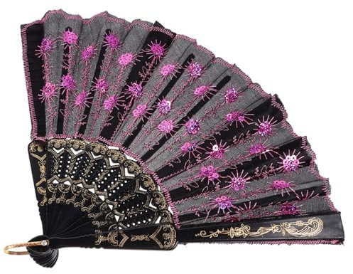 Ciieeo Faltfächer mit bestickten Pailletten Zubehör -Handheld gehaltenen chinese fan chinesischer fächer für die Dekoration Handfächer im chinesischen Stil Sport Rosa