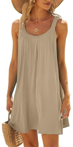 Trägerkleid Damen, Strandkleider Damen Sommer Kurz Sommerkleid Bikini Cover Up Strandkleid Strand Kleider Casual Ärmellos Tshirt Kleid Minikleid, Khaki, L