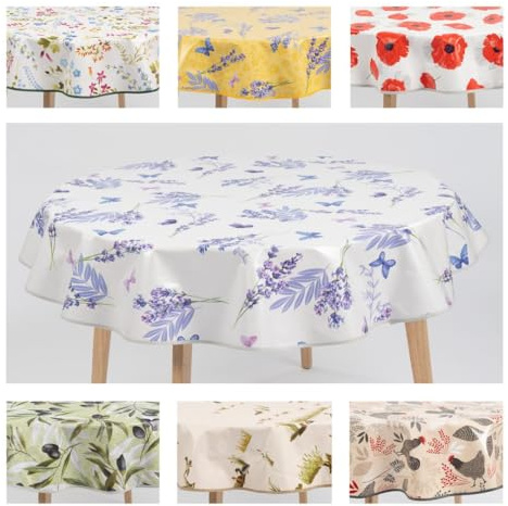 laro 140cm runde Wachstuch Tischdecke abwaschbar Wachstuchtischdecke mit Saum-Eingefasst-Paspelband, Muster:Lavendel Pastell Natur, Größe: Rund 140cm