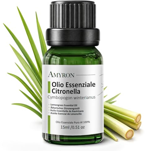 Olio Essenziale Citronella AMYRON 15ml Cymbopogon Winterianus | Naturale E Puro Al 100%, Ideale Per Aromaterapia, Uso Terapeutico, Massaggi, Uso Alimentare Senza OGM